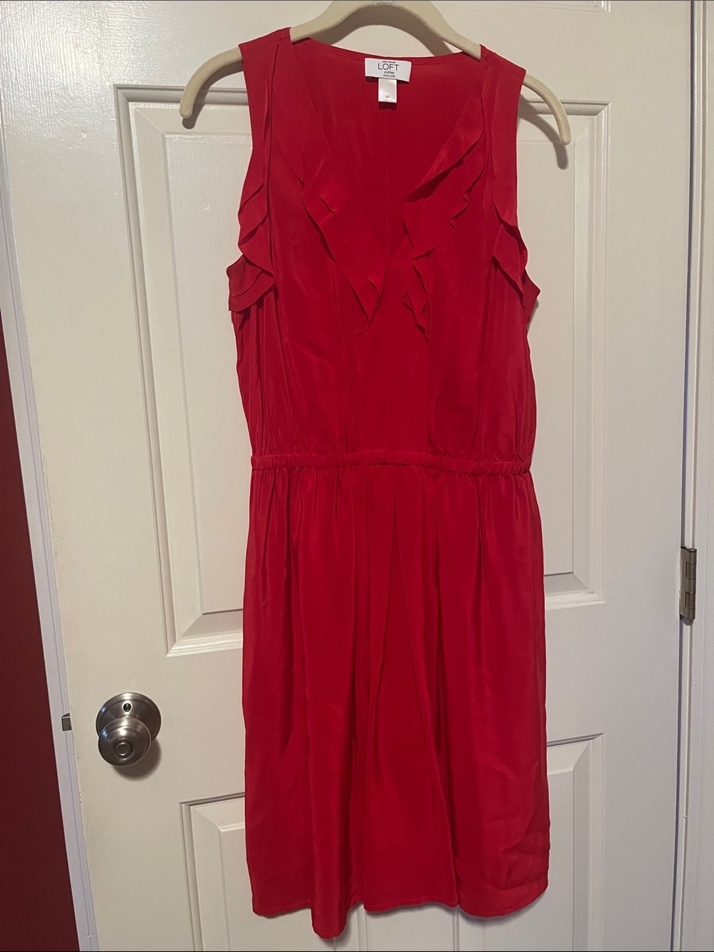 LOFT Red Sleeveless V-Neck Ruffle Midi Dress